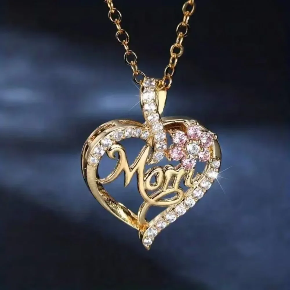 NEW "Mom" Necklace ~ Gold Tone Delicate Chain with Heart Flower Rhinestones - Picture 1 of 4